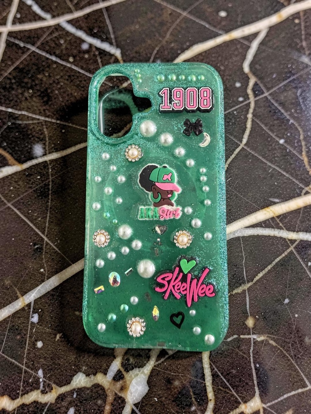 AKA Decorative Green Pearl-Embellished Phone Case